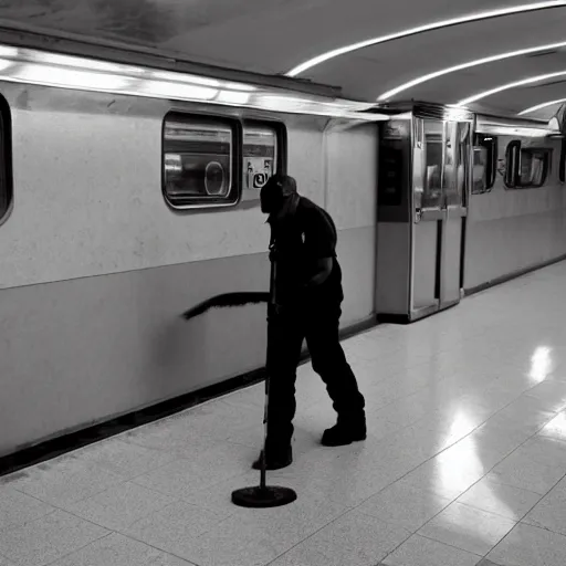 Image similar to A photo of a janitor sweeping a subway station, award-winning photography