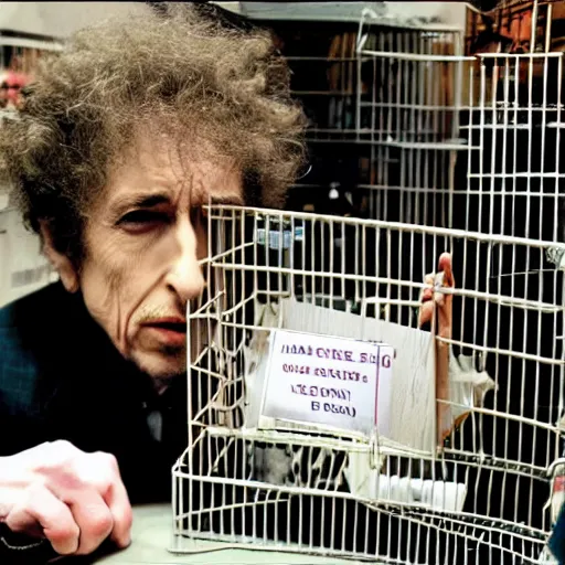 Prompt: bob dylan in a small cage at a pet store, his cage has a price tag