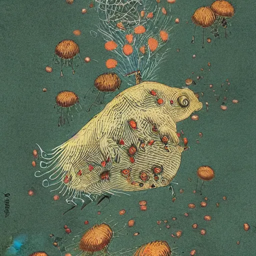 Prompt: small unknown creature releasing spores from appendages on it's back, on ancient paper, victo ngai