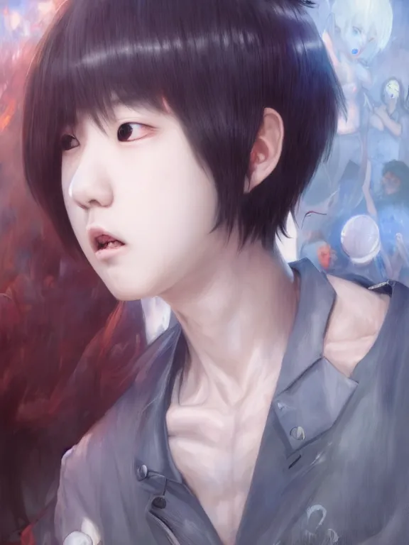 Prompt: Kpop boy idol with an eyeball head performing on stage. BTS. Eye exam. Friendly horror. Realistic. Wonho. y Ruan Jia and Artgerm and Range Murata and WLOP and Ross Tran and William-Adolphe Bouguereau. Key Art. Fantasy Illustration. award winning, Artstation, intricate details, realistic, Hyperdetailed, 8k resolution.
