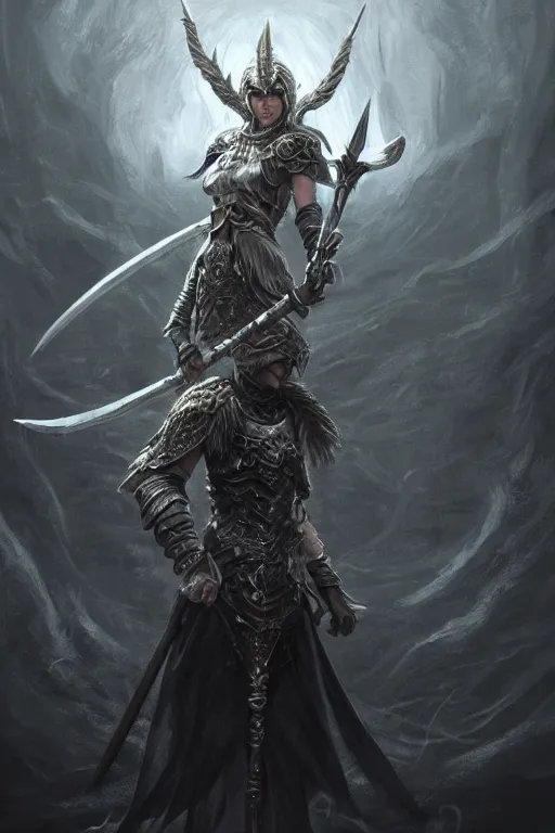 Prompt: a valkyrie holding a staff dressed in white clothes as a dark souls boss, digital painting, trending on artstation, 8k, epic composition, intricate details, sharp focus