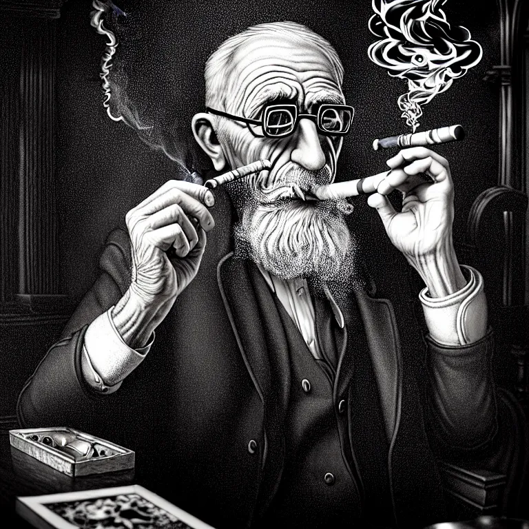 Prompt: a intricately detailed portrait of an old man smoking a lit cigar in an irish pub with a neon bar, smoke rising like clouds, balanced, symmetrical, super resolution, trending on art station, volumetric lighting & shadows, hyper detailed, digital art, unreal engine, in the style of a escher, 4 0 0 mm f 1. 8,