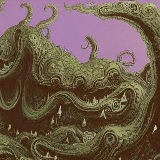 Prompt: lovecraftian shoggoth, illustrated matte painting of a progressive rock album cover, 1 9 7 0 s