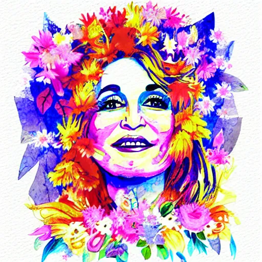 Prompt: flower child, Dolly Parton, graphic design, watercolor