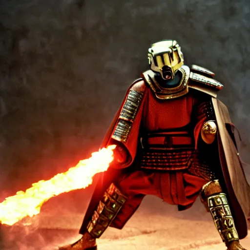 Image similar to cinematic film still MF Doom starring as a Samurai holding fire, Japanese CGI, VFX, 2003, 40mm lens, shallow depth of field,film photography