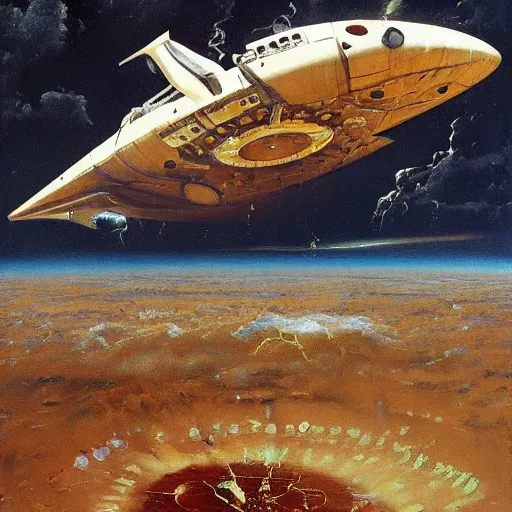 Image similar to a spanish italian spaceship, stuck in the ground, the spaceship is on fire, smoke, rainstorm, lightning, angry, kinetic, john sargent, peter deligdisch, adolphe bouguereaum, norman rockwell, trending on artstation, highly detailed oil painting,