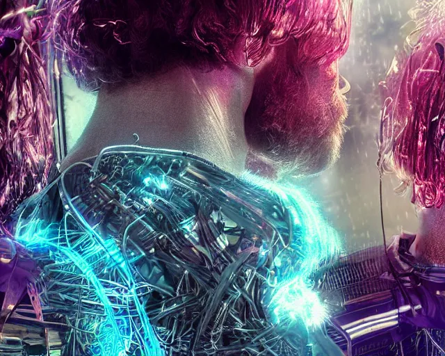 Image similar to glowing hair, complex cybernetic beings, beautiful hairy humanoids, cybermagnetosphere, cybernetic civilizations, ornate hair, love, joy, vortexes, large arrays, data holograms, 8 k, cinematic light shadows, wet hdr refractions, *, * * *, * * * * *