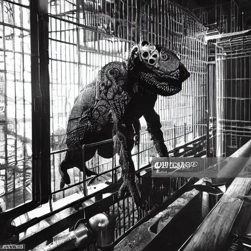 Prompt: scientists studying a creature locked in a cage in a warehouse, 1 9 2 0's sci - fi, black and white, 8 k, highly ornate intricate details, extreme detail,