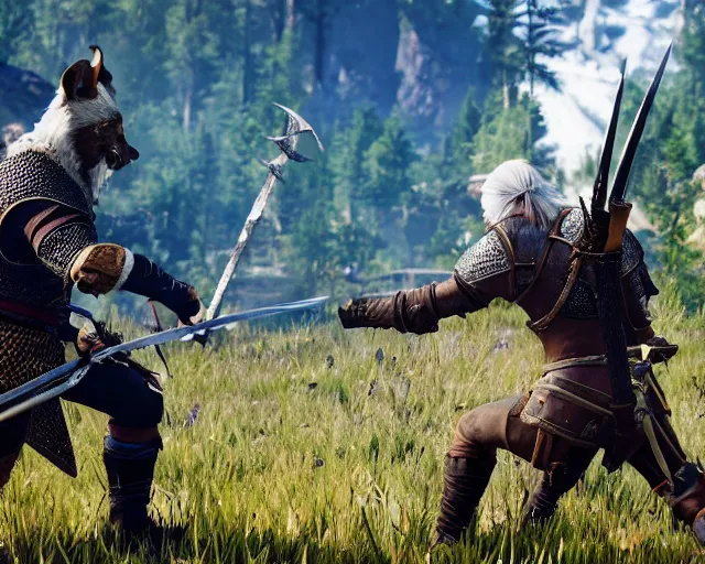 Image similar to gerald of rivia fighting furries from witcher 3 ( 2 0 1 5 videogame )