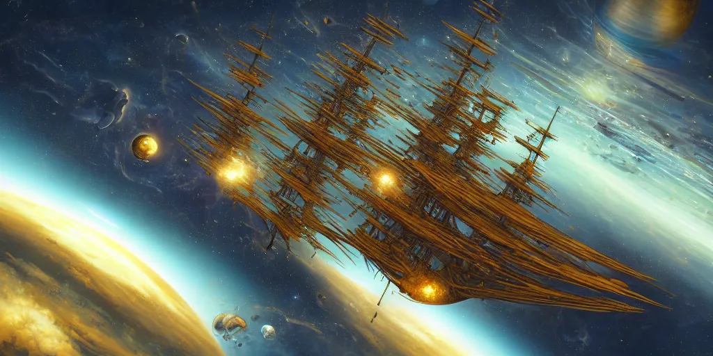 Prompt: Photorealistic epic science fiction painting of one solitary flying tall ship in space, flying past galaxies, by Rodney Matthews and Roger Dean. spelljammer, photorealism, UHD, amazing depth, glowing, golden ratio, 3D octane cycle unreal engine 5, volumetric lighting, cinematic lighting, cgstation artstation concept art