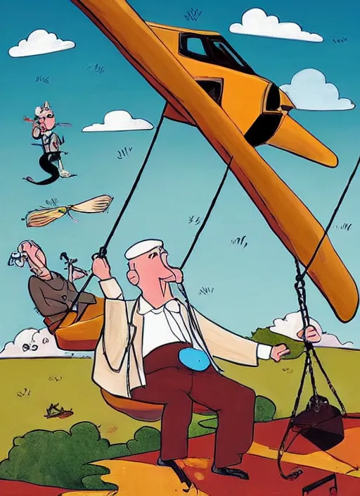 Prompt: an old man on a swing with a plane on top of him, a cartoon by rube goldberg, trending on shutterstock, neoism, poster art, isometric, 2 d