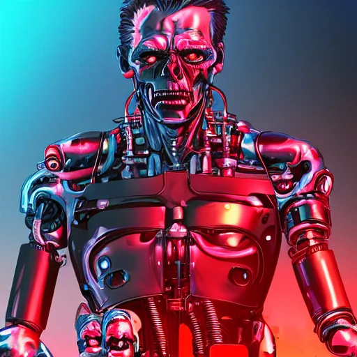 Prompt: James Cameron as the T-800 Terminator, the terminator robot looks exactly like James Cameron, eyes glowing red, ambient lighting, 4k, anime key visual, lois van baarle, ilya kuvshinov, rossdraws, artstation