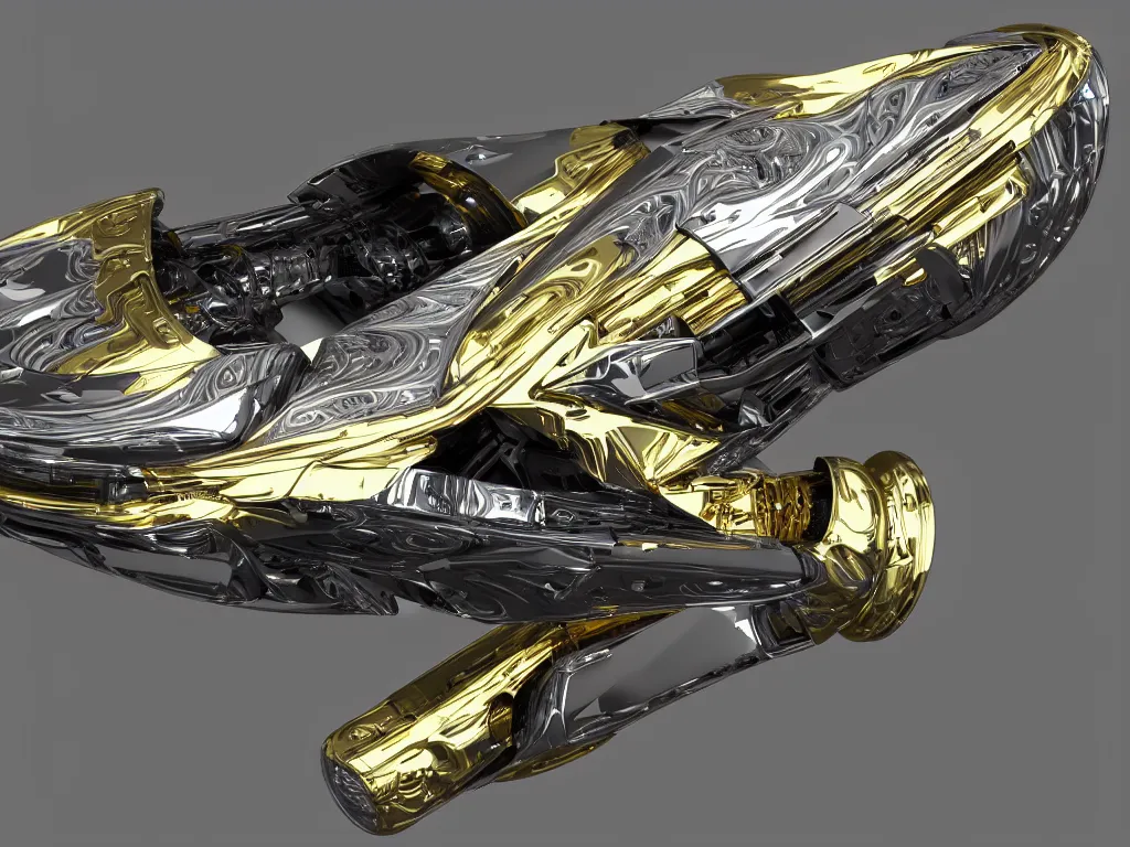 Image similar to intricate futuristic weapon made of brushed metal, chrome and carbon, gold linings