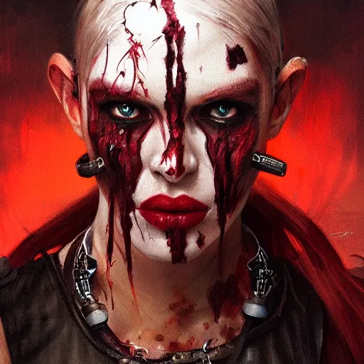 Prompt: character portrait Painting of a futuristic pirate wearing black warpaint and covered in deep red scars, dystopian mood, intricate, wild, highly detailed, digital painting, artstation, concept art, smooth, sharp focus, illustration, art by artgerm and greg rutkowski and alphonse mucha