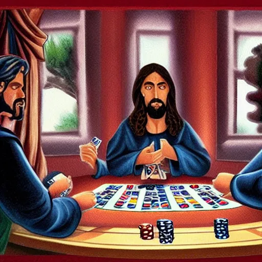 Image similar to nine various interpretations of Jesus playing poker