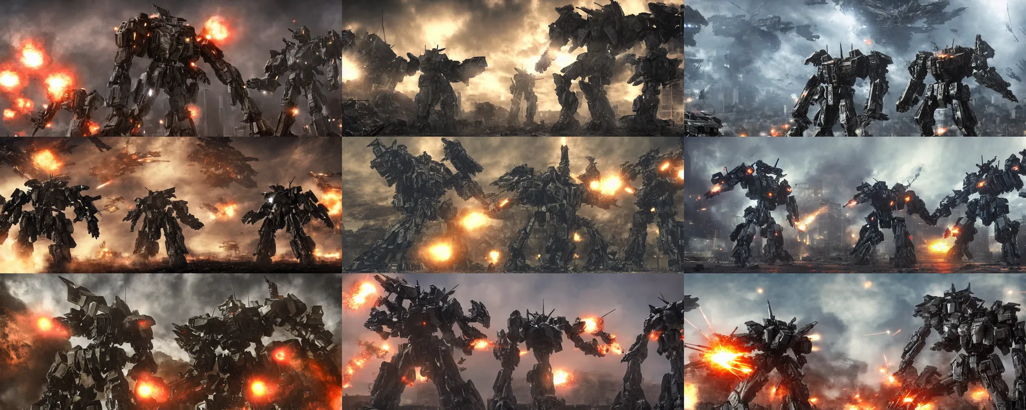 Prompt: armored core mechas battle for the ruins of san francisco, cinematic lighting, wide lens, particles, effect, explosion, bokeh, octane render, volumetric light, smoke