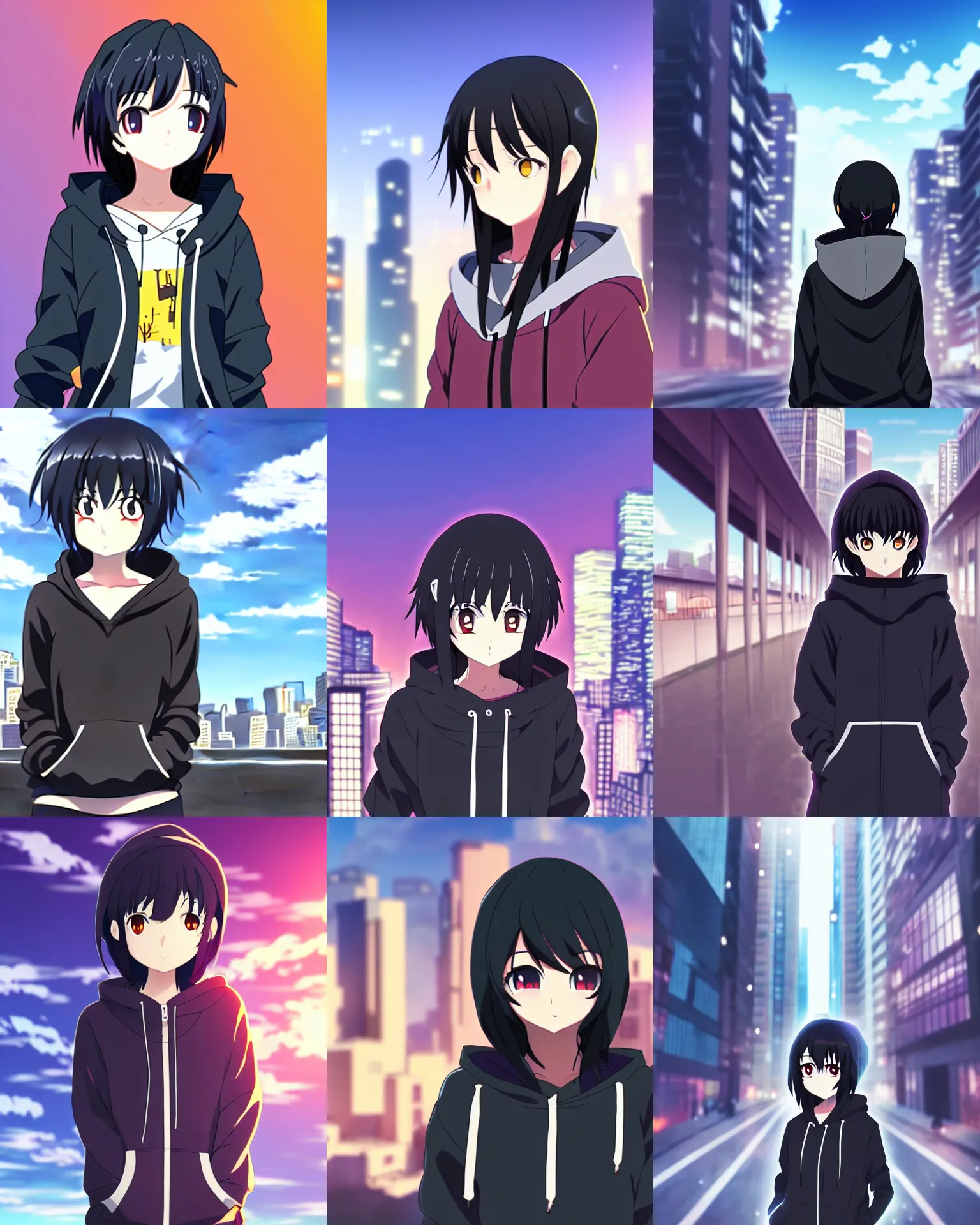 Prompt: black haired girl wearing hoodie, city, wide shot, anime key visual, shaft, daylight