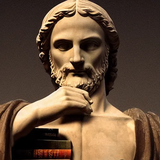 Image similar to greek statue of leonardo davinci holding a book, realistic, photorealistic