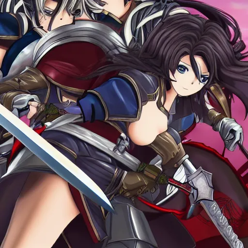 Image similar to anime women in knight armor fighting with swords on aa battlefield