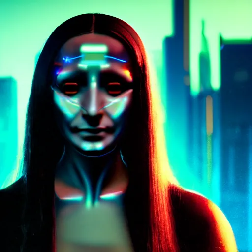 Image similar to cinematic movie still of cybernetic character named Mona Lisa Overdrive in Neuromancer, futuristic eye implant, cyberpunk, Burning Chrome, XF IQ4, 150MP, 50mm, F1.4, ISO 200, 1/160s, twilight in the city