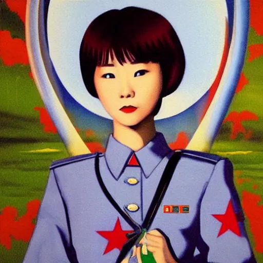 Prompt: “ rei ayanami north korean propaganda poster, award winning, oil painting ”