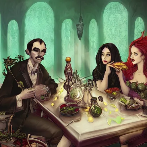 Prompt: a beautiful picture of doctor poison ivy professor of botany and doctor liliana onyx professor of demonology having lunch, academic clothing, dark eyeliner, intricate, elegant, highly detailed, digital painting, artstation, concept art, matte, sharp focus, illustration, art in a baroque style