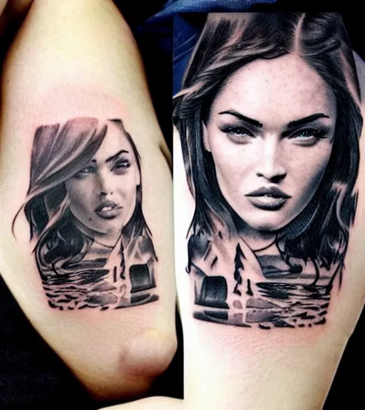 Image similar to double exposure effect tattoo design sketch of megan fox with beautiful mountain scenery, realism tattoo, in the style of matteo pasqualin, amazing detail, sharp