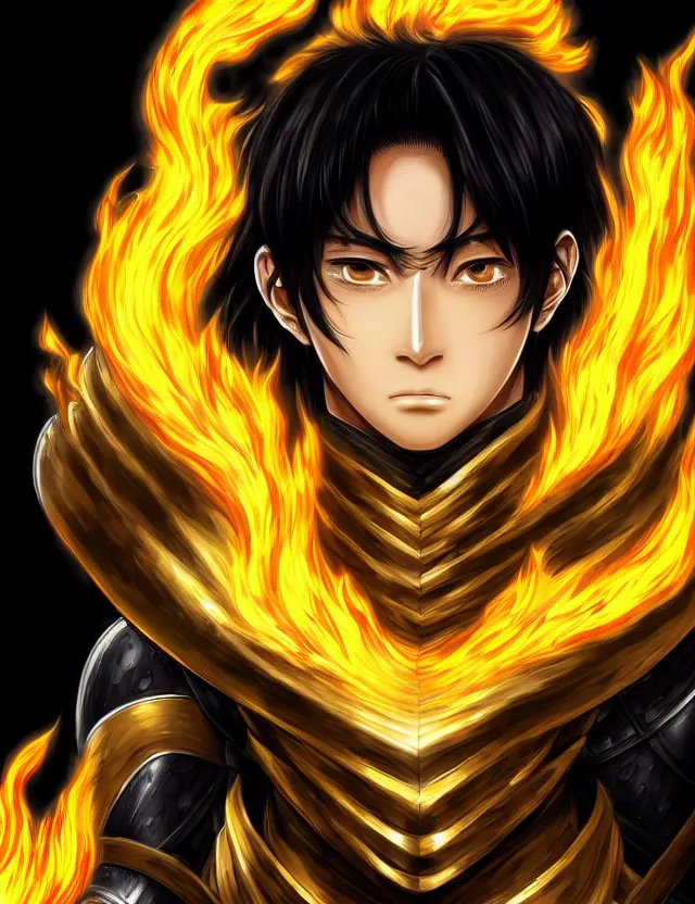 Image similar to a detailed manga portrait of a black haired man with hazel eyes in gleaming golden armour that burns with golden fire, trending on artstation, digital art, 4 k resolution, detailed, high quality, sharp focus, hq artwork, coherent, insane detail, character portrait