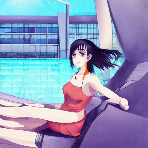 Image similar to a girl wearing a business suit, she is near a swimming pool, anime art, digital painting, smooth, hd, elegant