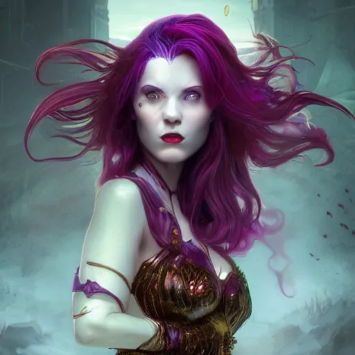 Image similar to redhead vampire sorceress, perfect face viewed in profile, bright glowing purple and red eyes, gold shirt, cinematic, floating ash, stunning, highly detailed, artstation, smooth, hard focus, concept art, art by artgerm and greg rutkowski and alphonse mucha, volumetric lighting, octane render, 4 k resolution, trending on artstation, masterpiece