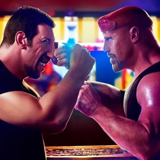 Prompt: a photograph of Adam Sandler arm wrestling Thanos in a bar. Dimly lit, a crowd is watching, emotional faces, realistic, grimy atmosphere