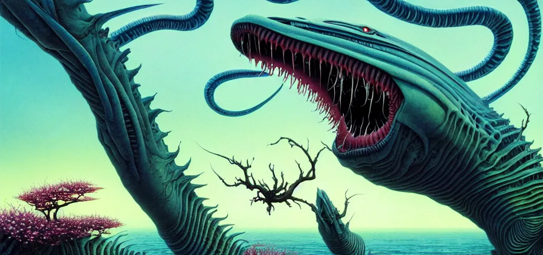 Prompt: photo of an alien fish with long fangs in the style of roger dean, realistic, sharp focus, 8 k high definition, insanely detailed, intricate, elegant, art by greg rutkowski and artgerm, extreme blur cherry blossoms background