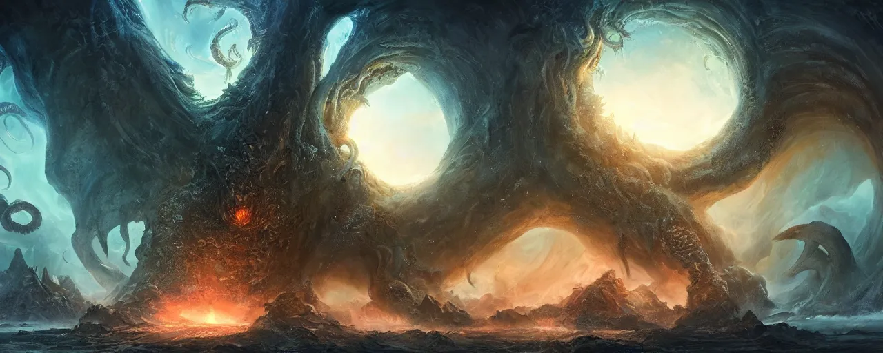 Image similar to gigantic Cthulhu opening a portal to the abyss in the middle of an advanced city, large scale, breathtaking, mixed media, digital art, trending on artstation, 8k, epic composition, highly detailed, AAA graphics