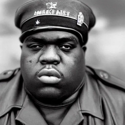 Image similar to Biggie Smalls as an American soldier on D Day, epic, WWII, 1940s photo, cinematic, highly detailed, gritty, combat, sharp focus, closeup