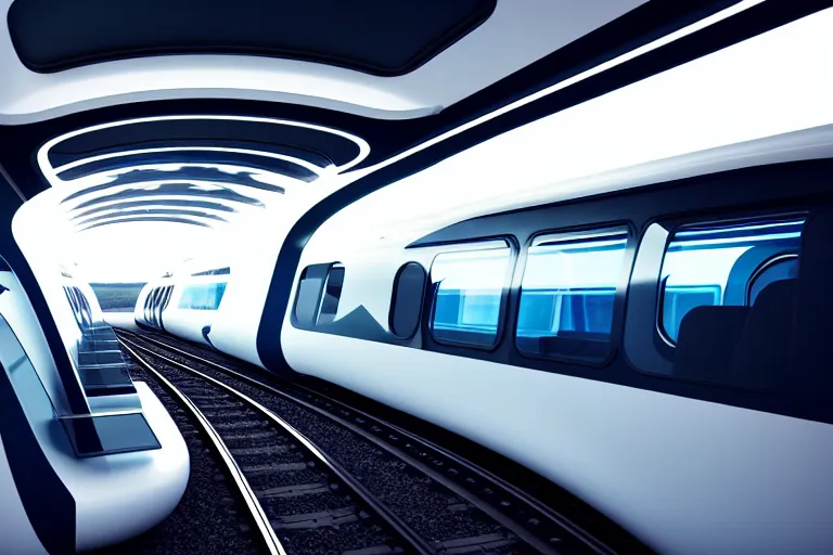 Prompt: futuristic train designed by porsche, natural light, octane render, adobe lightroom, rule of thirds, symmetrical balance, depth layering, polarizing filter, sense of depth, ai enhanced