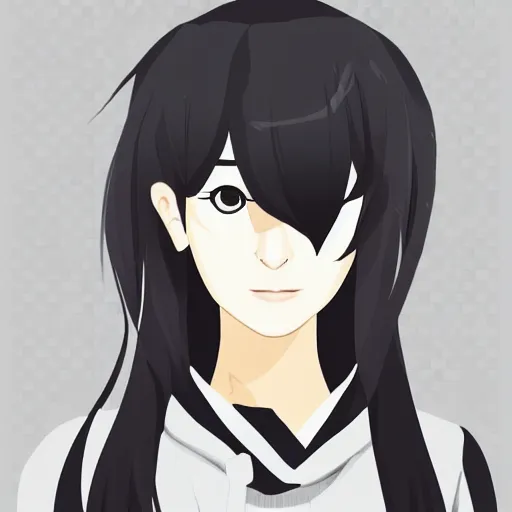 Image similar to portrait of a beautiful korean girl with very long hair and bangs, angular features, angry expression, wearing a black hoodie, in the style of studio trigger, extremely clean lines, anime and manga style, anime concept art