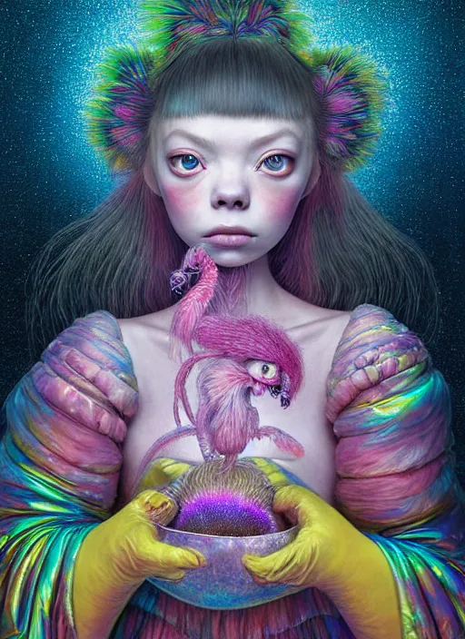 Image similar to hyper detailed 3d render like a Oil painting - kawaii portrait Aurora (a skeksi from dark crystal that looks like Anya Taylor-Joy) seen Eating of the Strangling network of yellowcake aerochrome and milky Fruit and His delicate Hands hold of gossamer polyp blossoms bring iridescent fungal flowers whose spores black the foolish stars by Jacek Yerka, Ilya Kuvshinov, Mariusz Lewandowski, Houdini algorithmic generative render, Abstract brush strokes, Masterpiece, Edward Hopper and James Gilleard, Zdzislaw Beksinski, Mark Ryden, Wolfgang Lettl, hints of Yayoi Kasuma, octane render, 8k