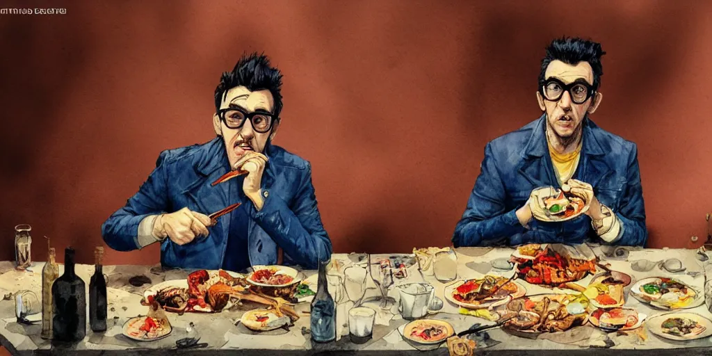 Prompt: cartoonish elvis costello eating dinner, vivid colors, character sheet, fine details, concept design, contrast, kim jung gi, greg rutkowski, watercolor, trending on artstation, 8 k, full body, turnaround, front view, back view, ultra wide angle