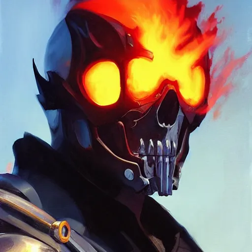 Image similar to greg manchess portrait painting of ghost rider as overwatch character, medium shot, asymmetrical, profile picture, organic painting, sunny day, matte painting, bold shapes, hard edges, street art, trending on artstation, by huang guangjian and gil elvgren and sachin teng