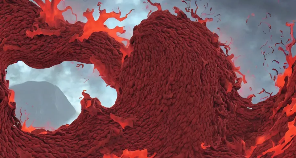 Image similar to a volcano made of ivory vines and crimson rocks enters in eruption, it spits a smoke in the shape of demonic eye, from Cryptid Academia