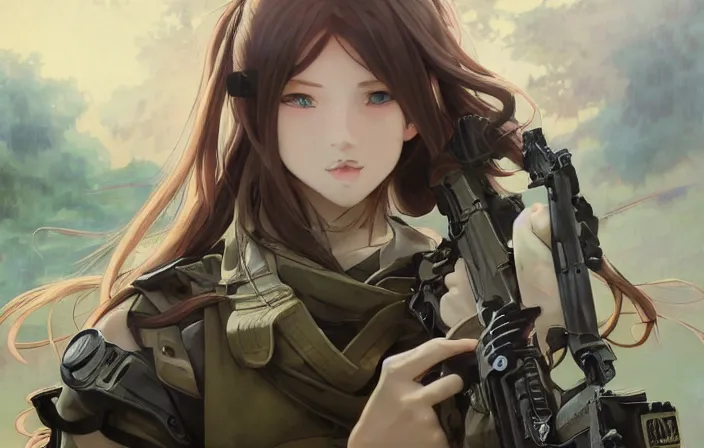 Image similar to infantry girl, soldier under heavy fire, anime style, long hair, hair down, symmetrical facial features, from girls frontline, hyper realistic, pale skin, rule of thirds, extreme detail, 4 k, detailed drawing, trending artstation, hd, trading card, by alphonse mucha, greg rutkowski, sharp focus, backlit