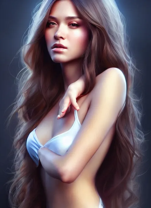 Prompt: a gorgeous female with long clean hair in the style of stefan kostic, realistic, full body shot, wide angle, sharp focus, 8 k high definition, insanely detailed, intricate, elegant, art by stanley lau and artgerm, floating embers