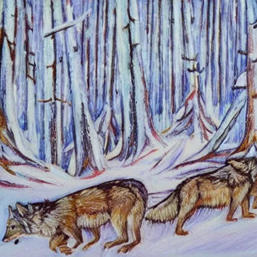 Image similar to haida art depiction of a winter forest with snow and wolves