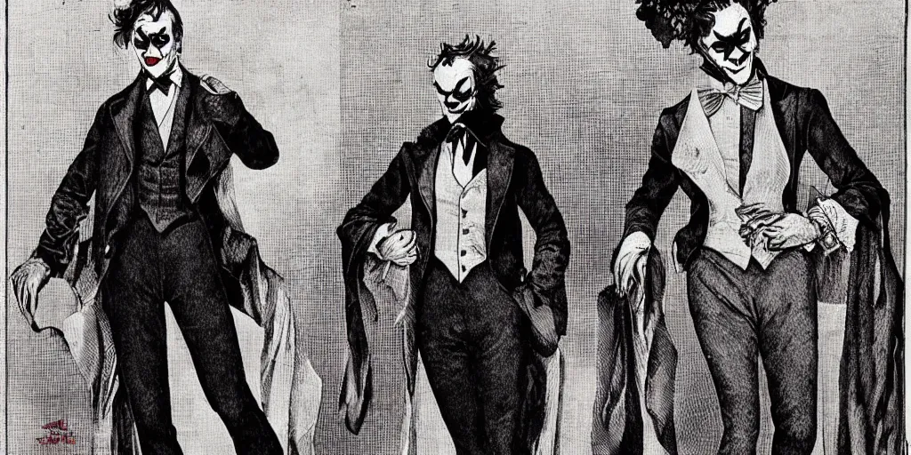 Image similar to joker wearing clothes in the style of directoire style, photograph, grinning, creepy,