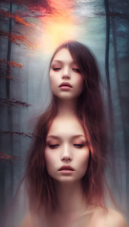 Image similar to inside a soul of a gorgeous young girl , searching for eternity, dark forest in the style of stefan kostic, realistic, sharp focus, 8k high definition, high fashion, vogue, insanely detailed, soft light, colorful smoke, intricate, elegant, art by stanley lau and artgerm, sigma 85mm art