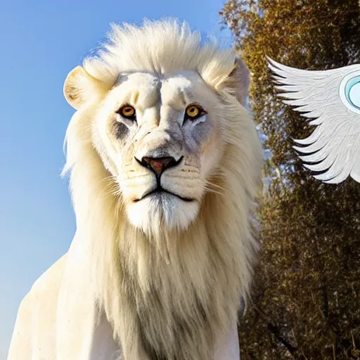 Image similar to ethernal giant white lion with angelic white mane and bright glowing mint eyes blending into white clouds in a heavenly blue sky