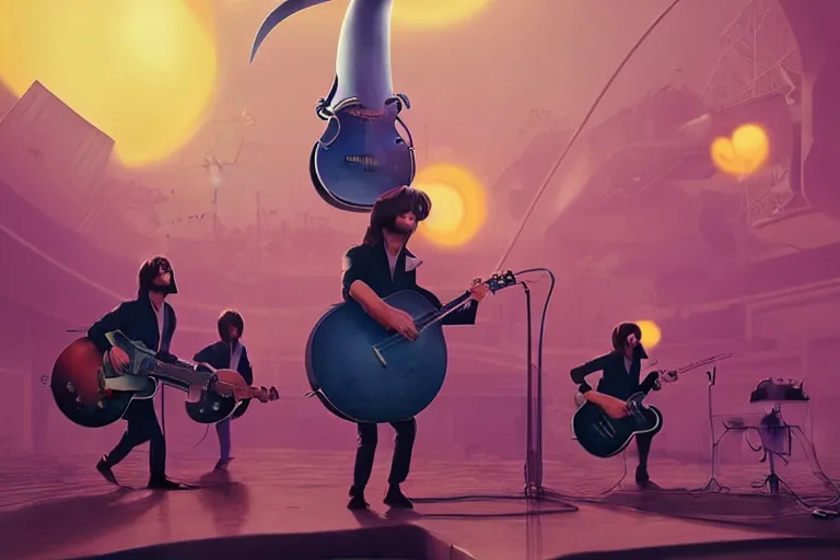 Image similar to the beatles performing with guitars, a giant flying minion at background, sci fi, art by mike winkelmann, trending on cgsociety, retrofuturism, darksynth, sci - fi