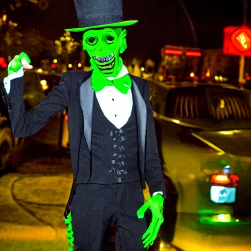 Prompt: tall, skinny, four - armed evil alien voodoo doctor wearing a black neon green tuxedo and top hat