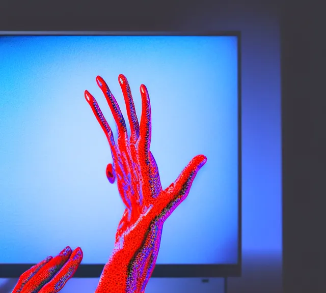 Prompt: render of a hand reaching of out a monitor, intricate, elegant, blue and white and red mist, highly detailed, dramatic lighting, sharp focus, octane render, trending on artstation, artstationhd, artstationhq, unreal engine, 4 k, 8 k