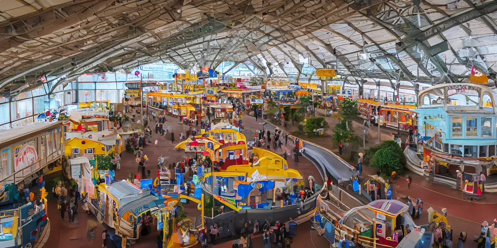 Prompt: overhead shot of inside a teddy bear train station, professional photography,